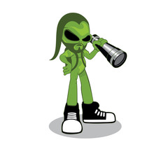 Vector of green alien character wearing shoes, backpack and   holding telescope isolated white background design eps format