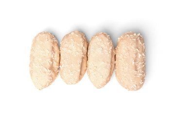 Coconut eclairs or custard cookies isolated on white background.