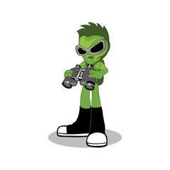Vector of green alien character wearing shoes, backpack and   sunglass holding binoculars isolated white background design eps format