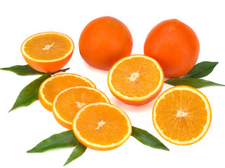 Orange fruits with leaves isolated on white background