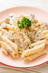 penne pasta carbonara cream sauce with mushroom
