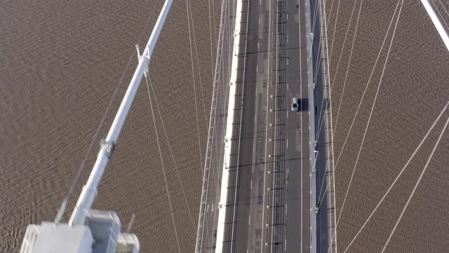 Vehicles Crossing the Severn Bridge Between England and Wales Aerial View