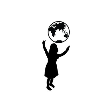 girl holding the earth.  chide care of planet icon. globe in children hands