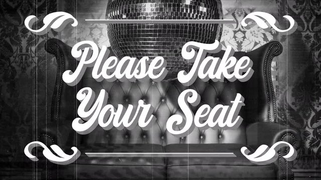 animation of words please take your seat, vintage cinema film style and leather couch