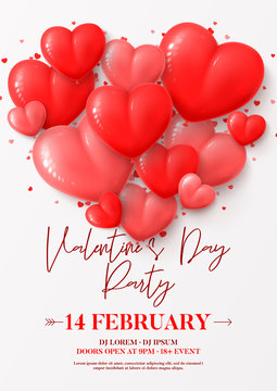 Happy Valentine's Day party flyer. Vector illustration with realistic red and pink balloons and confetti on white background. Holiday greeting card. Invitation to nightclub.