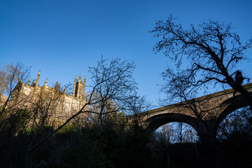 Edinburgh Dean Bridge and Rhema Christian Centre Church with Blue sky and winter trees