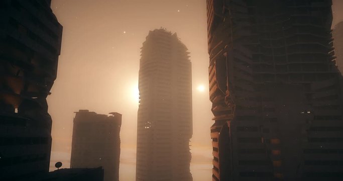 Apocalypse city in fog. Aerial View of the destroyed city. Apocalypse concept. Super realistic 4k animation.