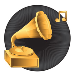 Golden gramophone record note on isolated background. Vector image. Logotype.