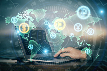 Multi exposure of stock market chart with man working on computer on background. Concept of financial analysis.