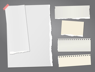 Set of torn white, and yellow lined note, notebook paper strips and pieces with soft shadow stuck on dark grey background. Vector illustration