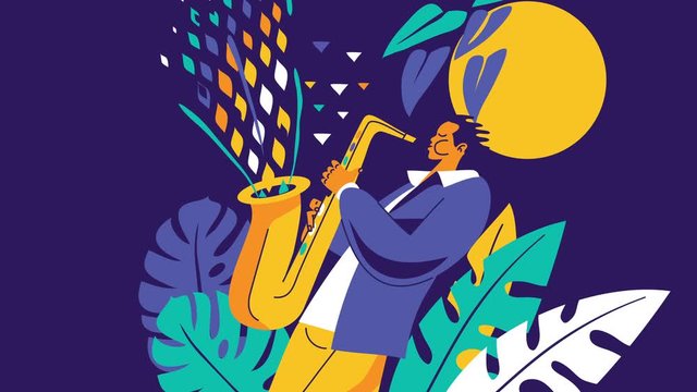 Jazz musician in suit playing on drums. Modern flat design 2D computer animation.