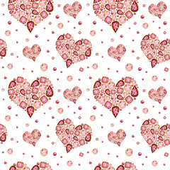 Fototapeta na wymiar Seamless pattern Watercolor Heart from red pink crystal with gold element on white background. Fashion brilliant Beautiful jewelry. Wedding Love or Valentine's Day banner, poster, card texture fabric