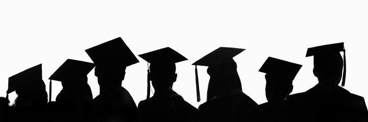 Silhouettes of students with graduate caps in a row isolated on white panoramic background. Class of 2024 graduation ceremony at university web banner.