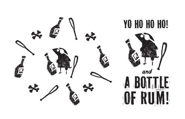Crow pirate bottle rum and bones set of isolated objects