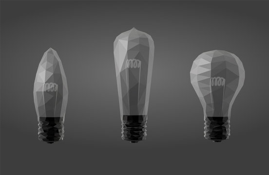 Light Bulb in Black and White. Dark Set of Bulbs. Low Poly Vector Greyscale Silhouette 3D Rendering