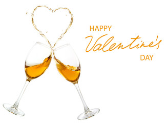 Happy Valentine's Day and two glasses of wine that spill out and form a stylized heart.