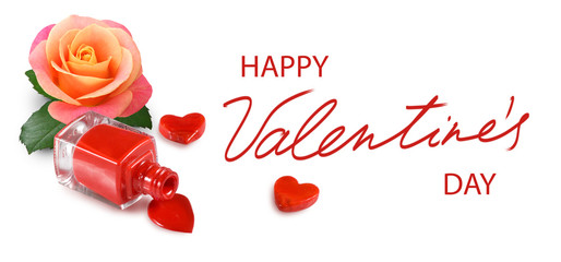 happy valentines day and stylized hearts appearing from a bottle of nail polish and the image of a...