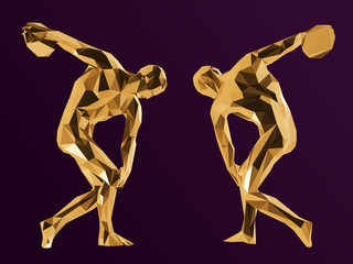 Gold Ancient Greek Athlete. Shiny Metallic Set of Golden Discobolus on Purple Background. Low Poly Vector 3D Rendering