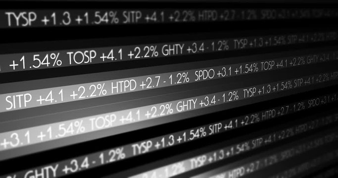 Stock Market Ticker - Black and White financial data scrolling in simulated cinematic world V1