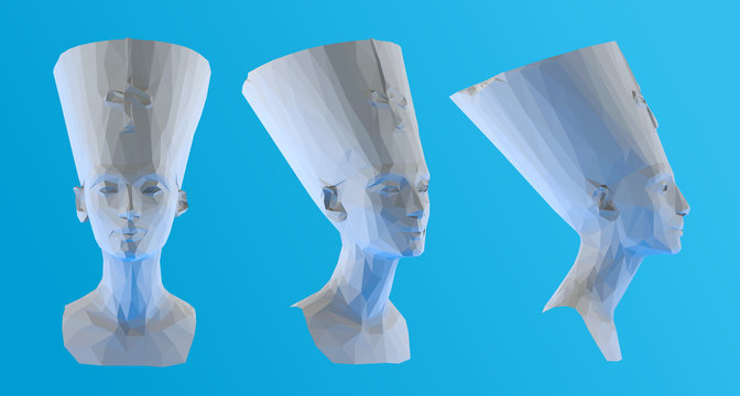 Plaster Egyptian Queen Nefertiti. Set of White Cleopatra Sculptures on Blue Background. Low Poly Vector 3D Rendering