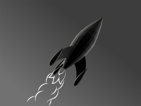 Rocket in Black and White. Dark Low Poly Vector Greyscale Silhouette 3D Rendering