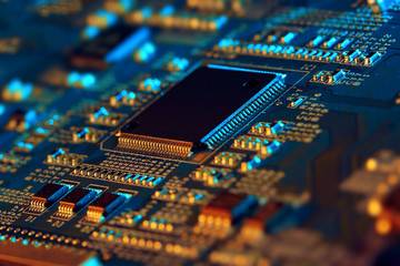 Fototapeta Electronic circuit board with electronic components such as chips close up. The concept of the electronic computer hardware technology.	 obraz