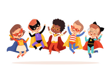 Superhero kids jumping, laughing and having fun. Vector illustration