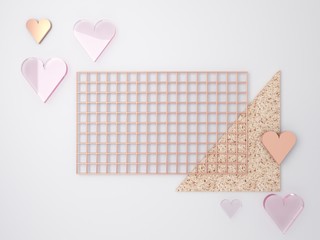 3d minimal Valentine’s Day  love scene. Heart falling. Abstract scene in pink and white colors with blank space for banner and circle in the backgroud. Empty mock up, product presentation. 3d render. 