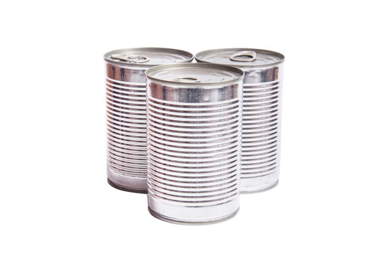 Set of metal tin cans on white background, isolated