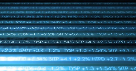 Stock Market Ticker - Digital Blue financial data scrolling in simulated cinematic world V2