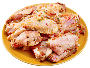 Fresh raw chicken meat marinated before frying shish kebab