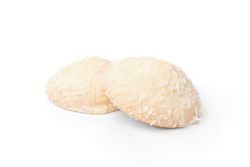 Biscuit cookies with coconut filling isolated on white background.