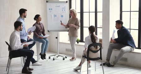 50s older businesswoman coach trainer manager give flip chart presentation