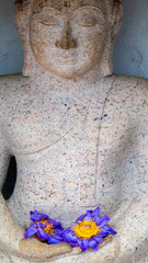Grey buddha with blue flowers (Anuradhapura, Sri Lanka)