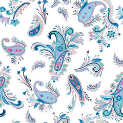Obraz premium vector seamless multicolor graphical detailed paisley pattern. Traditional ethnic ornamental design on white backgournd. Indian motif with floral elements. Stylized flowers.