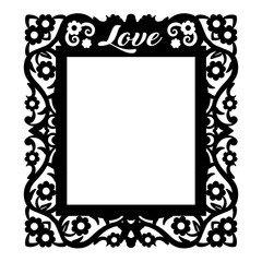 Laser cut photo frame with word love. Decorative rectangular line art for design template. Vector geometric vintage metal element. Floral border. Lace illustration for invitation, greeting card.