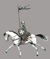 Medieval mounted knight illustration. Knight Hospitaller on horseback. Handmade drawing.