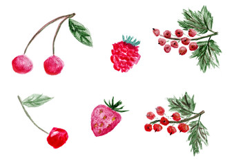 Watercolor set of summer berries. Pink-green cartoon fruits cliparts of cherry, strawberry, raspberry and redcurrant isolated on a white background