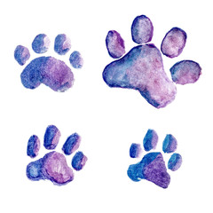 Four blue-violet watercolor dog or cat footprints isolated on white background. Hand-drawn...