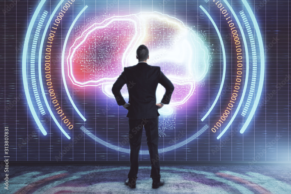Poster man and brain icon hologram. double exposure. concept of data development