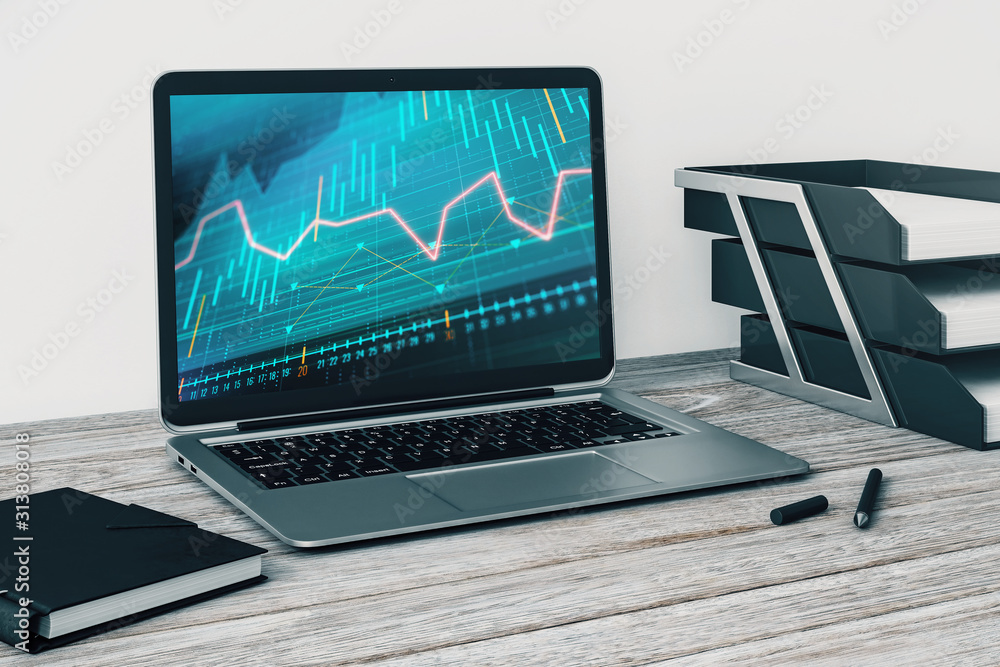 Aufkleber laptop closeup with forex graph on computer screen. financial trading and education concept. 3d rend