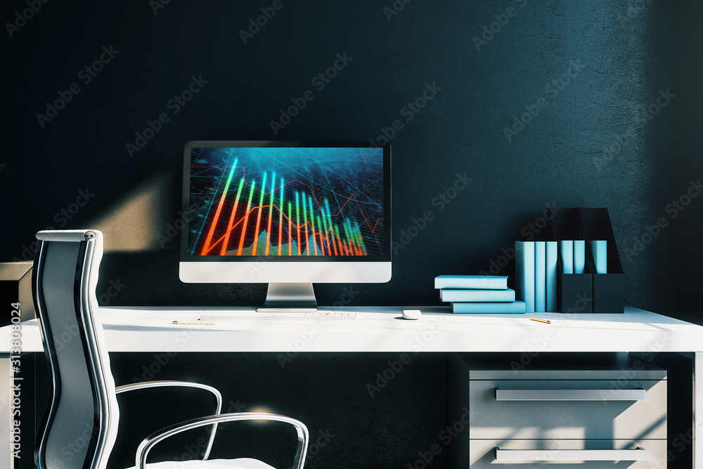 Poster cabinet desktop interior with financial charts and graphs on computer screen. concept of stock marke