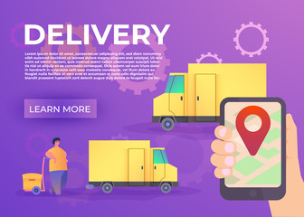 Hand holding mobile smart phone with app delivery tracking. Modern flat design creative info graphics on application. Vector