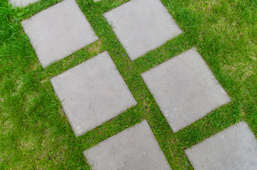 Footpath in the grass. Concrete squares laid out in a row.
