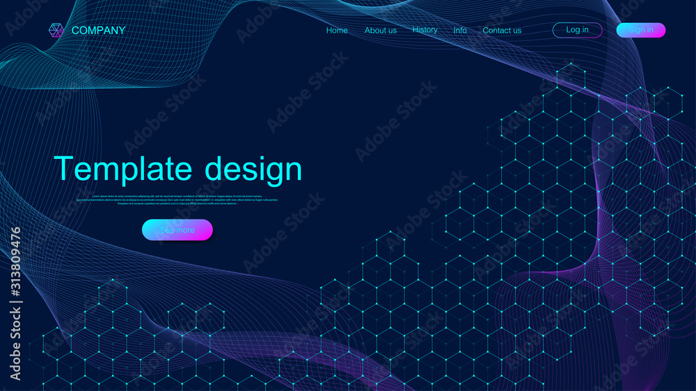 Poster Website template design. Asbtract scientific background with colorful dynamic waves, hexagonal innovation pattern. Modern landing page for websites or apps. Vector illustration.
