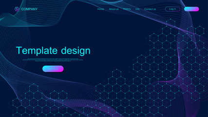 Website template design. Asbtract scientific background with colorful dynamic waves, hexagonal innovation pattern. Modern landing page for websites or apps. Vector illustration.