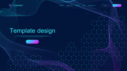 Fotobehang Website template design. Asbtract scientific background with colorful dynamic waves, hexagonal innovation pattern. Modern landing page for websites or apps. Vector illustration. © TechSolution