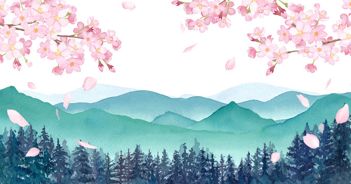 桜と霧の山々のパノラマ風景