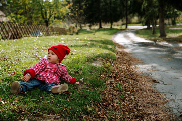 baby girl playing on the grass with leaves, autumn