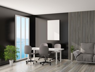 Office interior with an empty poster on a black wall. Table and chairs around. Cozy couch. Panoramic window. 3D rendering. 3D illustration.